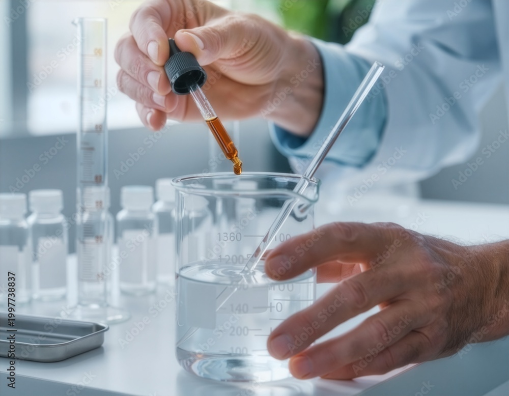 Fototapeta premium Scientist adding liquid drops to beaker in laboratory setting for perfume hobbies
