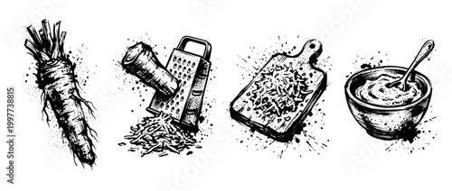 horseradish , Grunge brush distressed paint splatter vector set 