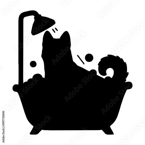 Silhouette of a Dog Enjoying a Bubble Bath in a Clawfoot Tub.