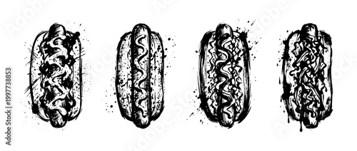 hot dog , Grunge brush distressed paint splatter vector set 