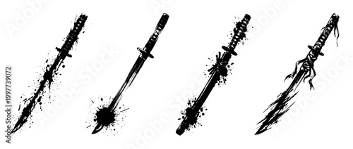 katana , Grunge brush distressed paint splatter vector set 