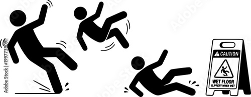 Set of falling person silhouette pictogram. Caution wet floor sign. Vector illustration. Isolated on white background
