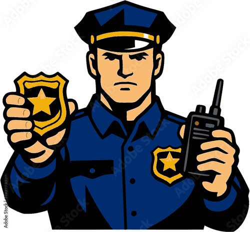 Police officer showing badge and radio, law enforcement mascot logo isolated on white background