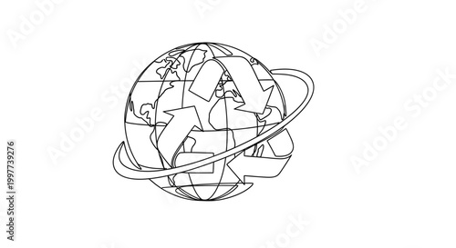 Cuadro en lienzo Recycle symbol around the Earth globe, eco-friendly concept, line art illustrati