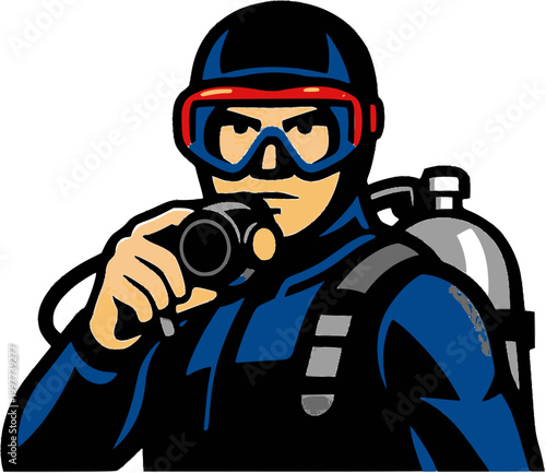 Diver Scuba diver with camera equipment, underwater exploration mascot logo isolated on white background
