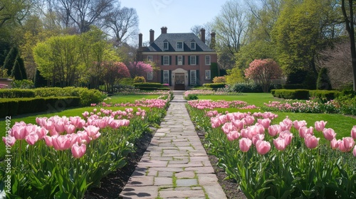 Beautiful Spring Garden with Pink Tulips and Mansion.
