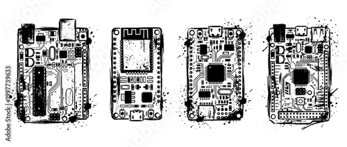 microcontroller board , Grunge brush distressed paint splatter vector set 