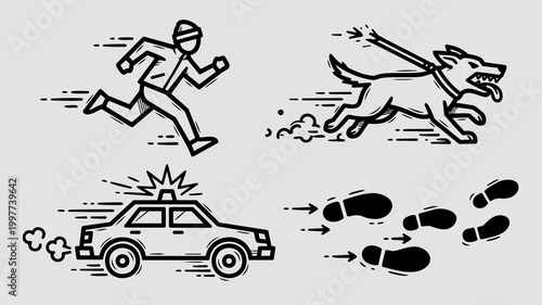 Black and white art depicting motion sprinting figure, aggressive dog on leash, speeding police car with siren, and directional footprints. Also called scene doodles or pursuit.