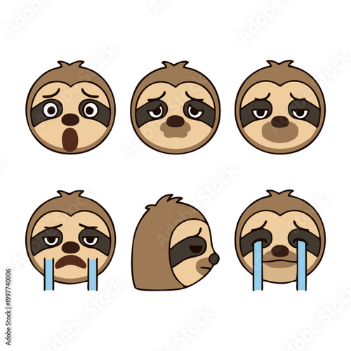Foto Set of Sad Sloth Emoticons with Different Expressions.