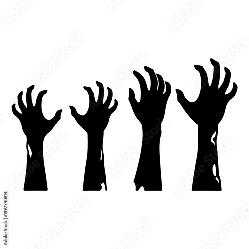 Four Black Silhouettes of Zombie Hands Reaching Upwards.
