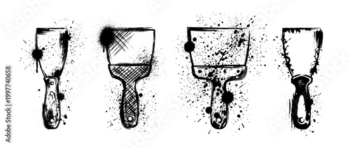 putty knife , Grunge brush distressed paint splatter vector set 