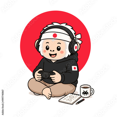 Japanese national animal snow monkey game designer — cute vector mascot with Japan flag background