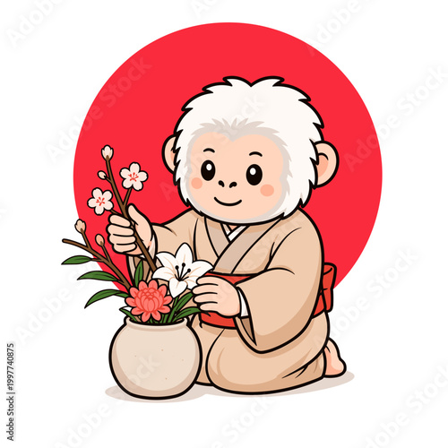 Japanese national animal snow monkey ikebana artist — cute vector florist mascot with Japan flag background