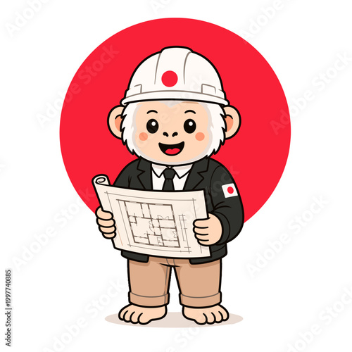 Japanese national animal snow monkey architect — cute vector mascot with Japan flag background