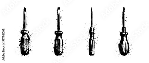 screwdriver , Grunge brush distressed paint splatter vector set 