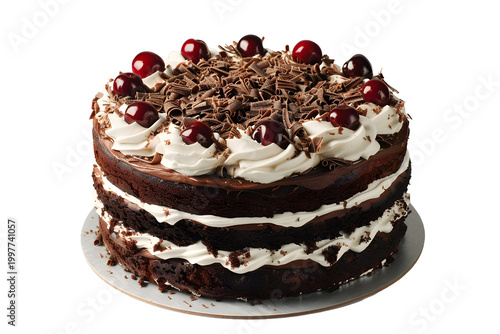 Traditional Black Forest Cake with Chocolate Shavings and Cherries Isolated on White Background