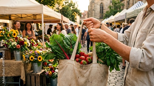 Close up of a person holding a reusable canvas bag filled with fresh organic produce at a vibrant outdoor farmers market
