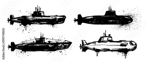 submarine , Grunge brush distressed paint splatter vector set 