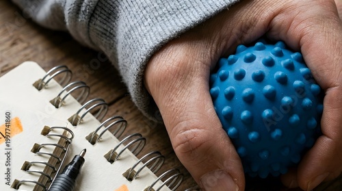 Close up of a person's hand squeezing a blue spiky stress ball on a wooden desk next to a notebook and pen for anxiety relief