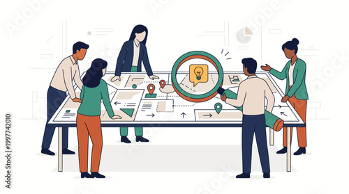 Corporate team gathers around a table map focusing on a lightbulb idea with a magnifier, vector illustration.