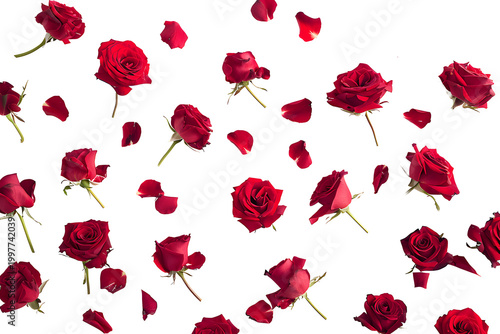 Red Rose Flowers and Petals Falling on White Background for Romantic Greeting Card Design
