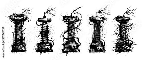 tesla coil , Grunge brush distressed paint splatter vector set 