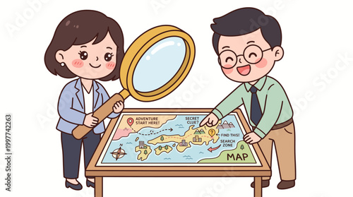Cute businessman and businesswoman use a magnifier to find a secret clue on a map, vector illustration.