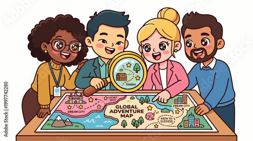 Diverse cute business team uses a magnifying glass to find hidden treasure on a map, vector illustration.