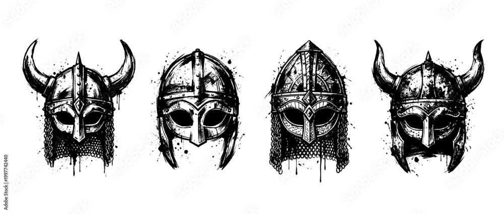 Fototapeta premium viking helmet , Grunge brush distressed paint splatter vector set 