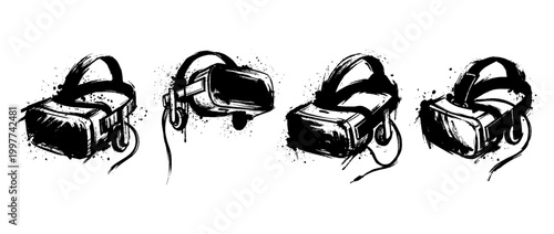 vr headset , Grunge brush distressed paint splatter vector set 