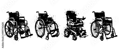 wheelchair , Grunge brush distressed paint splatter vector set 