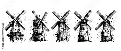 windmill , Grunge brush distressed paint splatter vector set 