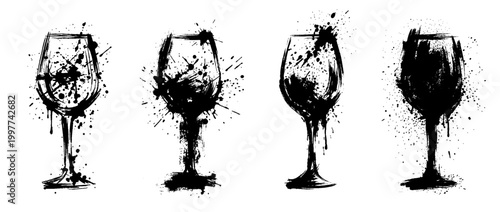 wine glass , Grunge brush distressed paint splatter vector set 