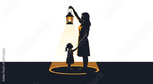 Silhouette mother, child holding lantern, guidance, family, parenthood