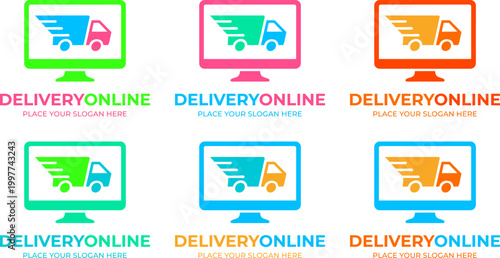 Delivery online logo set with 6 colorful vector icons, fast shipping truck on computer monitor screen for e-commerce business, express courier service branding for digital logistics and retail.