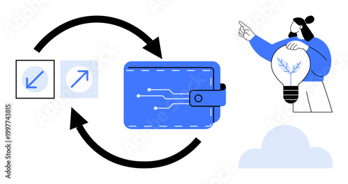 Financial technology, digital currency, idea generation, innovation, cloud computing, data exchange. Digital wallet with circuit design, arrows and person holding a glowing lightbulb. Financial