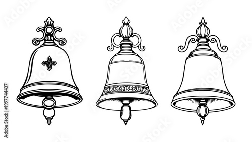 Bell set with black line art illustration on white background featuring ornate brass bell, wooden handle, silver detailing with bell and handle