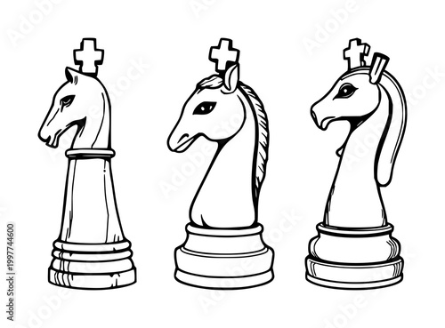 Hand-carved wooden chess piece knight set with black line art on white background featuring knight, line art, wooden, chess with hand carving and detail