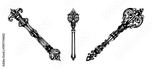Black line art of ornate brass letter opener set with detailed illustration on white background featuring black line art, ornate brass, precision cutting tool with stationery and office supply