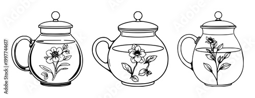 Teapot set with black line art on white background featuring aesthetic glass teapot, blooming tea, floral illustration with black and white and minimalist.