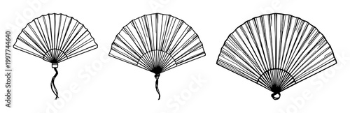 Silk fan set with delicate black line art design featuring hand painted, traditional Chinese, artistic fans with paper, silk and decorative motifs