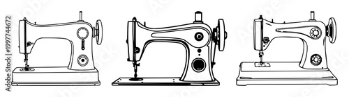 Vintage sewing machine set with black line art, white background featuring vintage, sewing machine, treadle with mechanical and craftsmanship