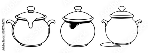 Ceramic honey pot set with black line art on white background featuring honey, black and white, simple line art with ceramic and minimalist