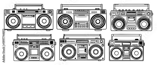 Retro boombox set with black line art illustration featuring boombox, dual speakers, music with vintage retro sound and nostalgic audio technology