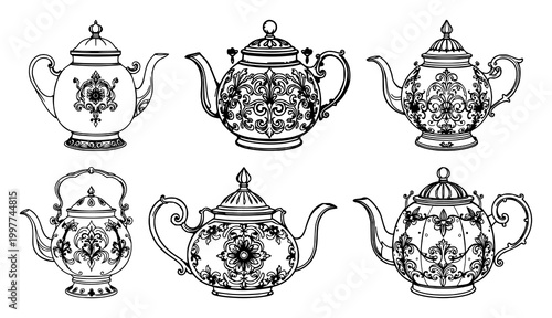 Black line art, white background: ornate cast iron teapot set with simple line art design featuring simple design, minimalist, black and white with illustrations and graphics