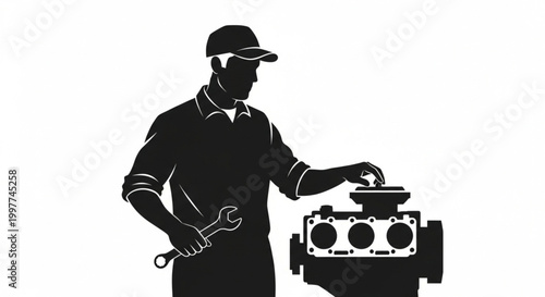 Auto Mechanic Silhouette Inspecting Car Engine 
