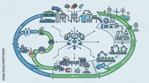 Circular economy concept with industrial and environmental icons.