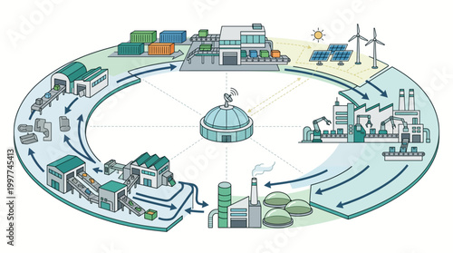 circular economy concept with industrial and environmental processes.
