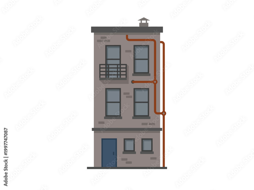 Obraz premium Minimal industrial townhouse icon with pipes and balcony, clean flat vector style