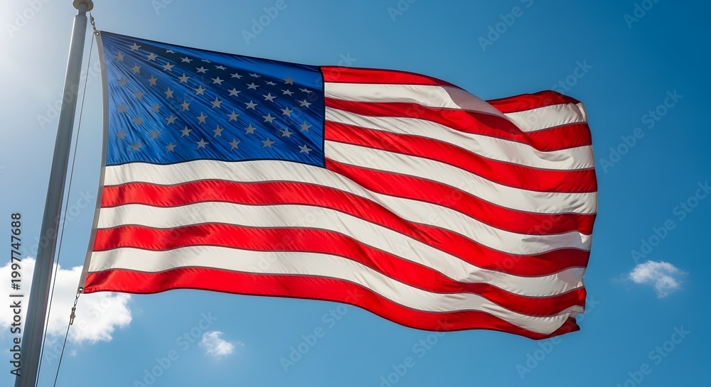 Fototapeta premium American flag waving proudly in the sunlight against a bright blue sky. The flag symbolizes the freedom, unity, and strength